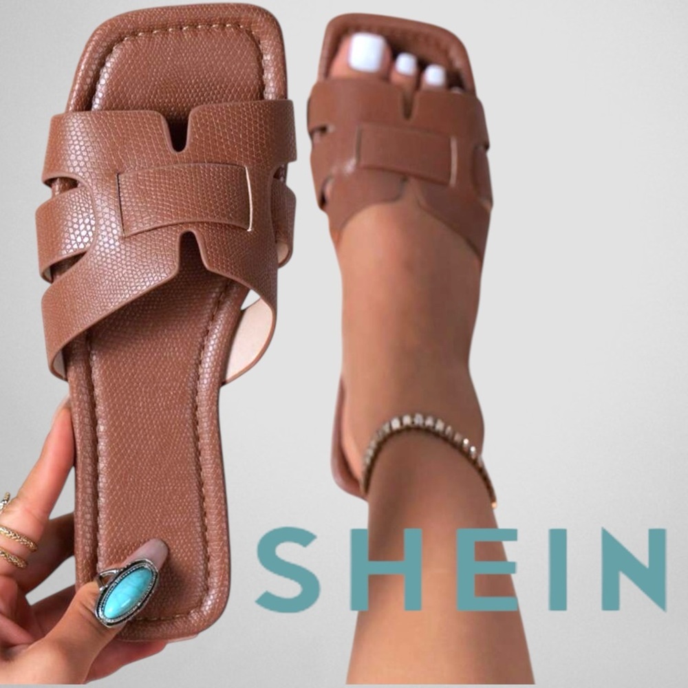 Women's Fashion Square Toe Flat Slide Brown Sandals (only worn once)